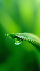 Macro Photo of Fresh Green Leaf with Single Clear Water Droplet on Tip &ndash; Natural Light, Soft Bokeh Background, Ideal for Eco-Friendly Visuals, Wellness Branding, and Nature Photography