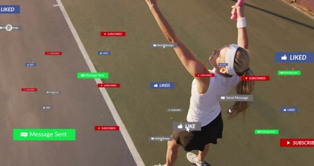 female tennis player serving on court, showing floating social media notifications for marketing - Powered by Adobe