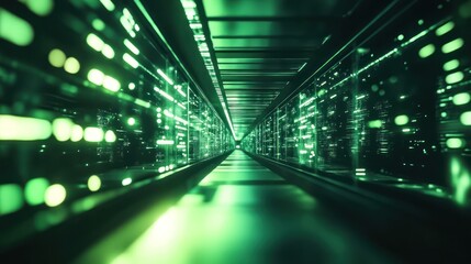 Futuristic server rack tunnel, glowing green lights, data center interior, background, technology, possible use stock photo