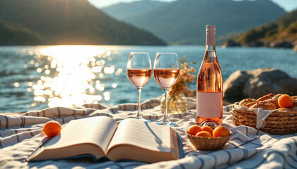 Relaxing lakeside picnic with wine, book, and fresh fruits during sunset in a tranquil mountain setting