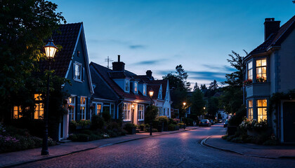 Naklejka premium Quiet evening in a charming village with warm lights and cobblestone streets