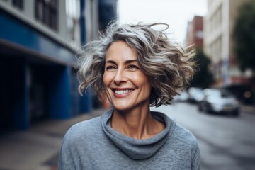 Portrait of a smiling middle aged american woman in city