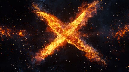 Fiery X-shaped flames against dark space; cosmic background, design element