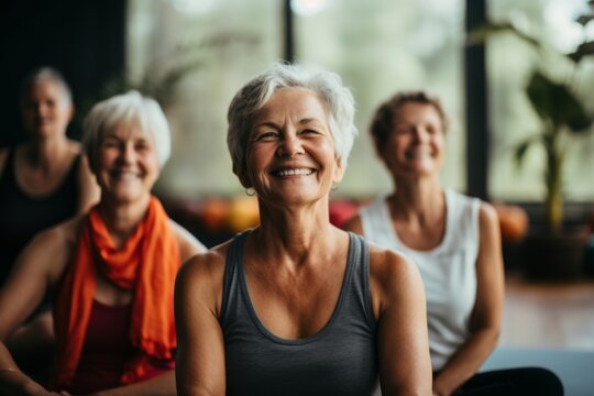 Portrait of a smiling senior women at yoga class