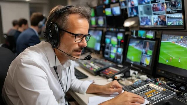 The Director's Desk: A seasoned director meticulously orchestrates the live broadcast from a control room, skillfully maneuvering through the complex interplay of technology and real-time events.