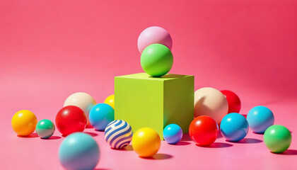 Colorful spheres and blocks create a playful arrangement on a vibrant pink background