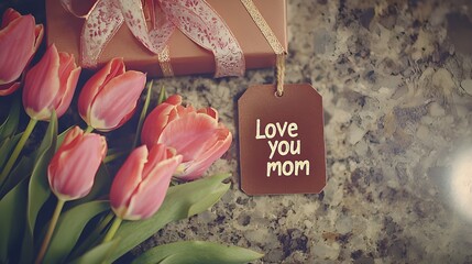 Pink tulips and gift tag with Love You Mom message on marble background, beautiful floral flat lay for Mother’s Day greeting cards, seasonal promotions, emotional content or spring celebration visuals