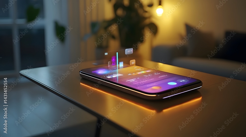 Poster smartphone displaying futuristic interface with holographic elements rests on a sleek table in a dim