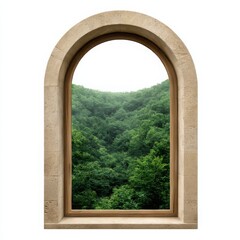 Arched window view of forest isolated on white background