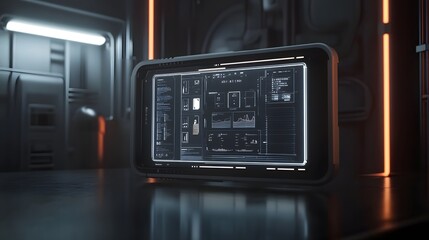 Naklejka premium Futuristic tablet displaying complex data visualizations in a dark, sci-fi setting. Orange neon accents illuminate the sleek, metallic environment.