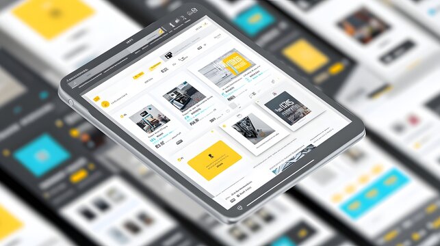A tablet displays a sleek, modern app interface showcasing various product cards with images, prices, and descriptions. The design emphasizes clean lines and a user-friendly layout.