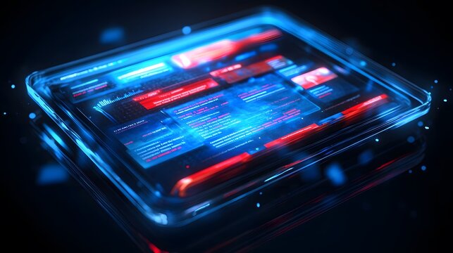 Futuristic transparent device displaying vibrant blue and red data streams, graphs, and notifications.  Glowing edges suggest advanced technology.
