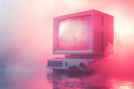 Old computer with static screen surrounded by pink and white smoke or fog.