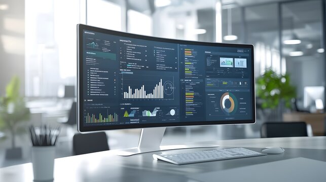A modern office workspace with a large curved monitor displaying various business dashboards and charts.