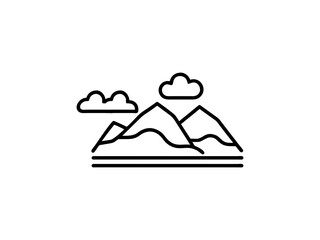 Simple line art illustration of mountains and clouds.