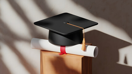 A close-up view features a graduation cap with a tassel and a folded diploma nestled within it against a soft light gradient background.