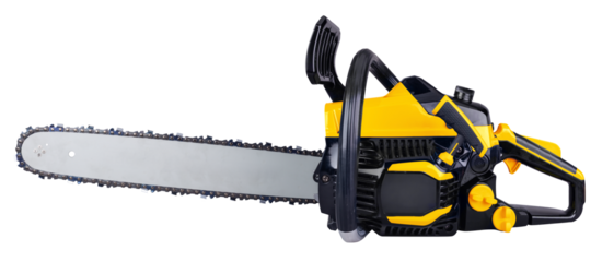 yellow black modern petrol engine chainsaw isolated white background. garden and forest working concept