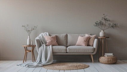 Minimalist living room with neutral sofa, pastel cushions and wooden furniture