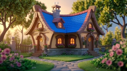 Fototapeta premium Charming Cartoon Cottage Surrounded by Lush Gardens Animated Landscape Serene Environment Whimsical Viewpoint