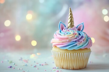 Colorful unicorn cupcake with golden horn on pastel background