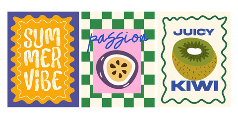 Abstract summer posters in retro cartoon style. Decor for wallpaper, walls and postcards. Design elements for home decor, greeting card. Seagull, cactus, surfing, kiwi, passion fruit © luamor