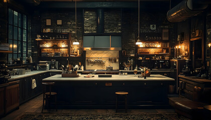Cozy industrial kitchen with modern appliances, warm lighting, and rustic decor, perfect for culinary creativity