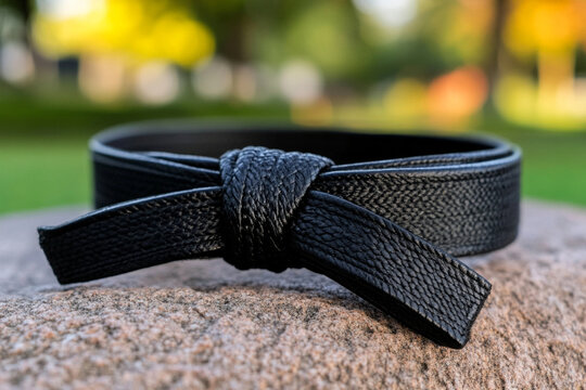 Close-up of a black belt tied around a uniform during martial arts training outdoors in the afternoon sunlight