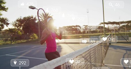 female tennis player celebrating point on tennis court, showcasing social media stats for marketing - Powered by Adobe