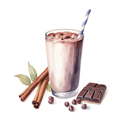 chocolatey cocoa drink with a straw cute watercolors illustration on white background