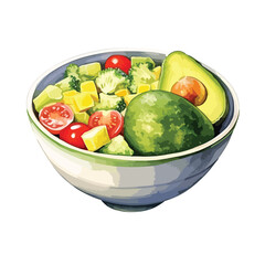 bowl of guacamole with chips cute watercolors illustration on white background