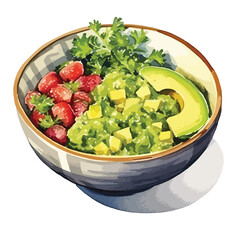bowl of guacamole with chips cute watercolors illustration on white background