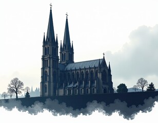 Obraz premium Gothic Cathedral Silhouette on a Misty Landscape