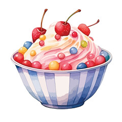 bowl of ice cream with sprinkles cute watercolors illustration on white background