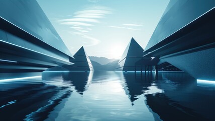 Glowing blue planet with orbiting rings on a dark starry background. Abstract artwork of 3D rendering of geometric shape with blue glowing light portal or door. Space and astronomy concept. AIG53.