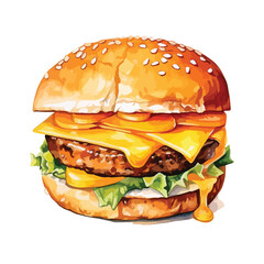 cheeseburger with pickles and ketchup cute watercolors illustration on white background