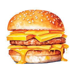 cheeseburger with pickles and ketchup cute watercolors illustration on white background