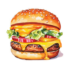 cheeseburger with pickles and ketchup cute watercolors illustration on white background