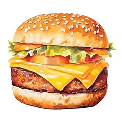 cheeseburger with pickles and ketchup cute watercolors illustration on white background