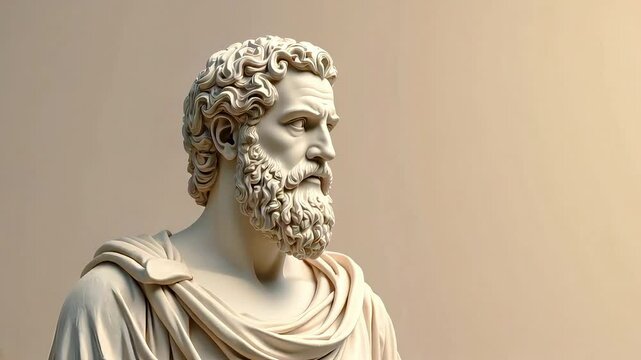 Marble sculpture of ancient Greek philosopher and sage, bust of ancient thinker on beige background 