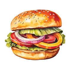 cheeseburger with pickles and ketchup cute watercolors illustration on white background