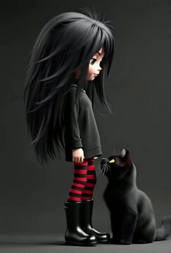 Animated 3D character stylish goth girl with big eyes and voluminous black hair in black striped leggings and her black cat look at each other
