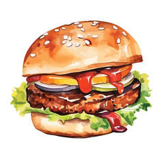 cheeseburger with pickles and ketchup cute watercolors illustration on white background