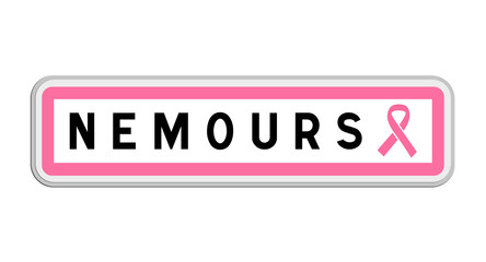 Panneau de sortie de Nemours, Seine-et-Marne, Île-de-France avec Ruban Octobre Rose