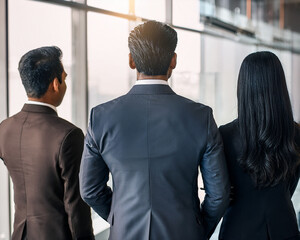People standing after negotiation with firm body language, back view