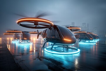 Obraz premium Innovative futuristic helicopters illuminated at night in a modern city setting with a rainy atmosphere
