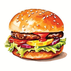 cheeseburger with pickles and ketchup cute watercolors illustration on white background