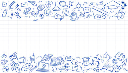 Education background on white grid paper. Hand drawn blue doodle border with science and school icons. Sketch style template with copy space for student learning layout. © 365 days studio
