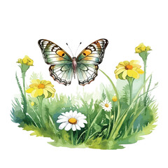 butterfly resting on a flower cute watercolors illustration on white background