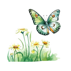 butterfly resting on a flower cute watercolors illustration on white background