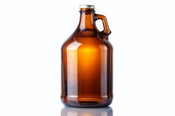Brown Glass Growler with Handle, Full of Beer - Isolated on White Background
